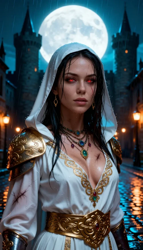 Cinematic, photorealistic waist-up portrait of a mysterious female sorceress in a rain-soaked medieval city, moonlit night with a large full moon behind towering stone turrets and warm lanterns casting amber bokeh; she wears a white hooded robe with wet dark hair clinging to her face, deep plunging neckline trimmed with ornate gold filigree, elaborate embossed gold pauldrons and a wide intricately carved gold belt, layered antique necklaces and gemstone pendants, delicate gold earrings, subtle battle-worn scratches on metal; piercing glowing red eyes with faint crimson veins, expression cold and intense, slightly parted lips, porcelain skin with realistic pores and moisture droplets; dramatic rim and volumetric lighting, high contrast, moody blue and teal color palette balanced by warm gold highlights, shallow depth of field, ultra-detailed textures on fabric, metal and skin, cinematic composition, high resolution, photo-real detail, dynamic rain streaks and wet cobblestone reflections.