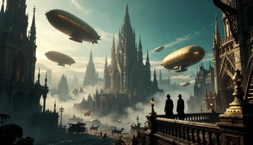 A sprawling steampunk neo-Gothic cityscape at dawn, towering cathedral-like skyscrapers with ornate spires, flying buttresses and carved facades stretching into mist, massive brass-and-canvas airships and ornate zeppelins hovering and docking alongside sleek retro-futuristic flying craft weaving between towers, two silhouetted figures in period coats and hats standing on a stone balustrade in the foreground overlooking the scene, gas lamps and horse-drawn carriages below, flocks of birds and drifting banners, thick volumetric fog and sunbeams piercing the haze, dramatic cinematic lighting with warm rim highlights and cool teal shadows, intricate architectural detail, weathered stone, polished metal framework, visible rivets and cables, high-detail concept art, ultra-detailed textures, wide-angle panoramic composition, deep perspective, painterly-realistic rendering, rich muted teal and sepia color palette, crisp edges, subtle film grain, moody atmospheric storytelling.