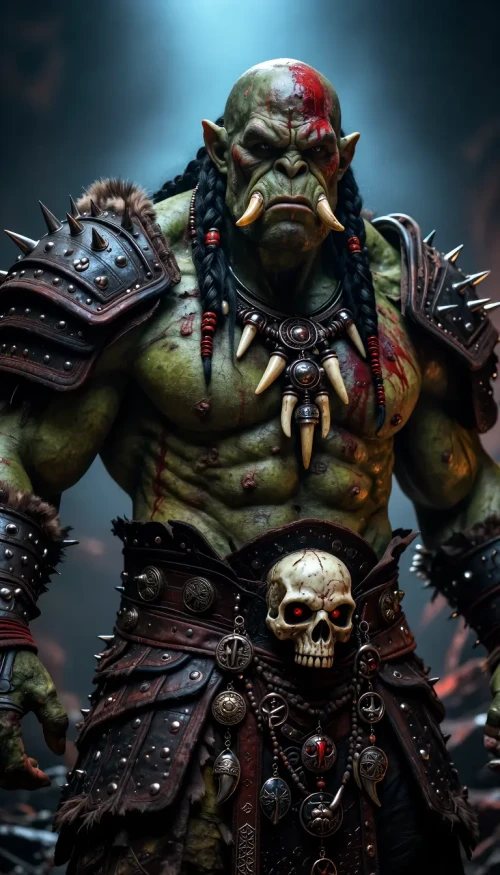 A towering orc warlord, waist-up portrait, massive green-skinned physique with bulging muscles, deep facial scars and yellowed tusks, stern furrowed brow and braided black hair with bone beads, fierce red ritual paint streaks, heavy weathered fur and leather armor patched with metal studs and spikes, oversized spiked pauldrons, layered leather straps and bone pendants, a battered belt bearing a carved skull with glowing red eyes and hanging talismans, bloodstains and mud smears, intricate tribal jewelry and dangling teeth, intensely textured skin pores and torn scars, dramatic cinematic lighting with cool blue rim light from behind and warm key light from the front creating strong contrast and deep shadows, volumetric mist, gritty fantasy realism, highly detailed painterly photoreal texture, shallow depth of field, low-angle heroic composition, moody desaturated color palette with accents of crimson, epic, menacing warlord atmosphere, ultra-detailed, 4k resolution, sharp focus on the face and armor, painterly brushwork and realistic material rendering.