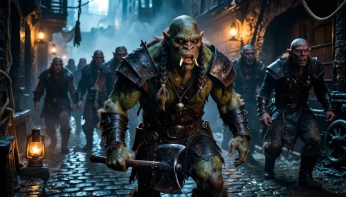 Dark fantasy scene: a snarling warband of orcs and goblins pours through a narrow, cobblestone alley lit by flickering oil lanterns. Foreground centered is a hulking orc with glowing yellow eyes, weathered green skin, broken tusks, braided hair, wearing patchwork leather and scavenged metal armor, straps, belts and hanging trophies, gripping a crude blood-stained axe; mud, grime and healed scars detail his face and hands. Behind him, rows of grim companions fade into smoky warm backlight and cool blue rim light, their faces half-hidden in shadow, a battered wagon and hanging ropes visible in the mist. Cinematic low-angle wide shot, dramatic chiaroscuro, strong directional rim lighting, volumetric fog and dust particles, subtle motion blur, shallow depth of field, hyper-detailed textures—realistic skin pores, torn cloth, rusted metal, splintered wood—gritty painterly photorealism, high contrast, moody color grading, epic ominous atmosphere, dynamic tension and menace.