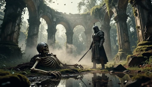 Широкоугольная кинематографичная сцена заброшенных руин — высокие разрушенные арки и колонны, покрытые мхом и лианами, сквозь них пробивается мягкий рассеянный солнечный свет с объемным туманом. На переднем плане валящийся скелет великана со ржавым шлемом на черепе, около него одинокий воин в темных доспехах с длинным мечом, силуэт в контровом свете. Отражения в мелкой воде, бабочки и пыль в лучах, детализированные текстуры металла и камня, атмосферный эпический фотореалистичный концепт-арт.