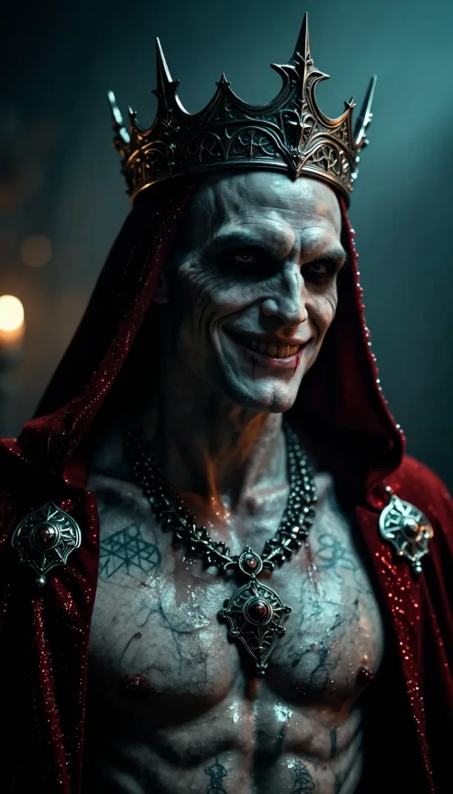 Dark fantasy, hyper-detailed cinematic portrait of a sinister undead king: gaunt, pale ashen skin with visible pores, fine wrinkles and faint veins, a cruel knowing smile, deep-set shadowed eyes, and subtle bloodstains at the mouth. Three-quarter view, tight crop from chest to crown, dramatic low-key lighting with cool teal shadows and warm rim highlights creating strong specular reflections on metal and wet skin. Elaborate tarnished silver crown with gothic filigree and spike points, hooded crimson robe with glittering thread and worn texture, ornate metal brooches on the shoulders. Bare muscular chest covered in faded occult tattoos and ritual scarification, heavy intricately detailed silver necklace and pendant resting on sternum. Photorealistic textures, ultra-high resolution detail, shallow depth of field with soft bokeh lights in background, moody atmospheric fog, filmic contrast, subtle grain for a gritty, cinematic gothic horror aesthetic.