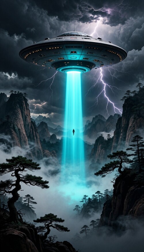 Cinematic digital art, a classic UFO flying saucer hovering over mystical dark mountains with ancient pine trees, traditional Chinese ink wash painting style blended with modern sci-fi, dramatic thunderstorm with lightning striking the spaceship, bright neon cyan tractor beam emitting from the bottom of the UFO, a silhouette of a person floating inside the light beam, dark moody atmosphere, highly detailed, 8k resolution, vapor fog, photorealistic lighting --ar 9:16 --v 6.0