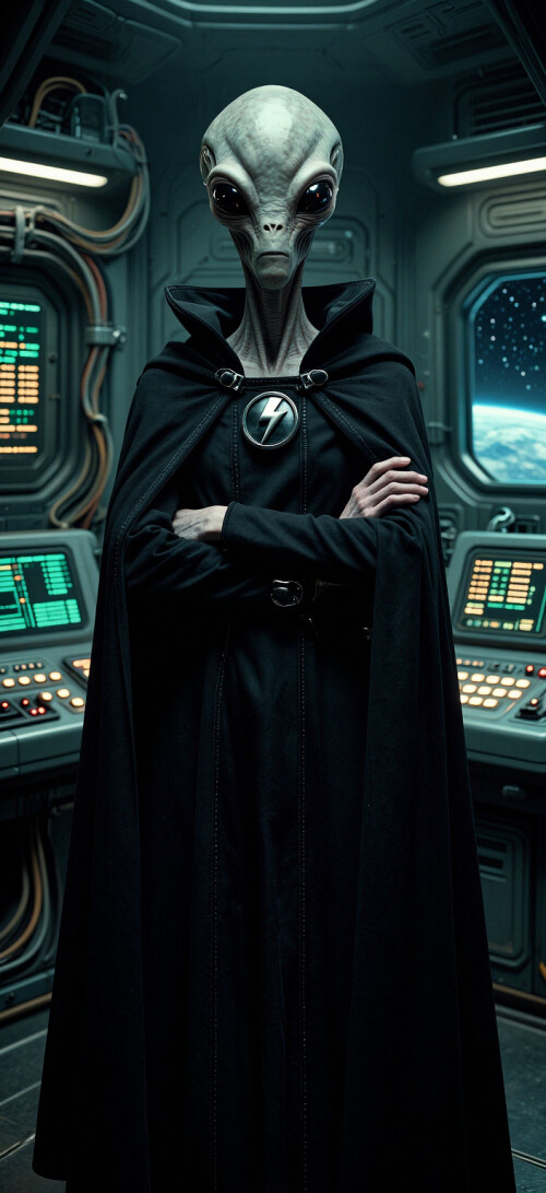 A photorealistic, cinematic portrait of a tall grey alien standing in a dim, high-tech spaceship control room, centered and framed from waist to just above the head, arms crossed and posture authoritative; oversized smooth cranium and deep glossy black eyes reflecting instrument lights, subtle skin wrinkles and realistic pore detail, thin elongated neck; wearing a long matte black cloak with a metallic circular lightning emblem on the chest, visible stitching and clasps, heavy fabric folds and soft velvet inner lining. Surroundings: industrial metal panels, bundled colored cables, illuminated control consoles with green and amber readouts, tactile buttons and holographic displays, a viewport showing a planet and starfield. Moody cool teal and desaturated green color palette, soft rim lighting from overhead panels, low-key volumetric haze, crisp micro-contrast, shallow depth of field, filmic grain, ultra-detailed textures, dramatic studio lighting, high resolution, hyperreal rendering.